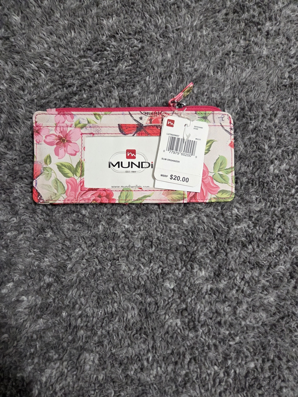MUNDI Pink Floral Zip Slim Organizer with Green Leaf Accents